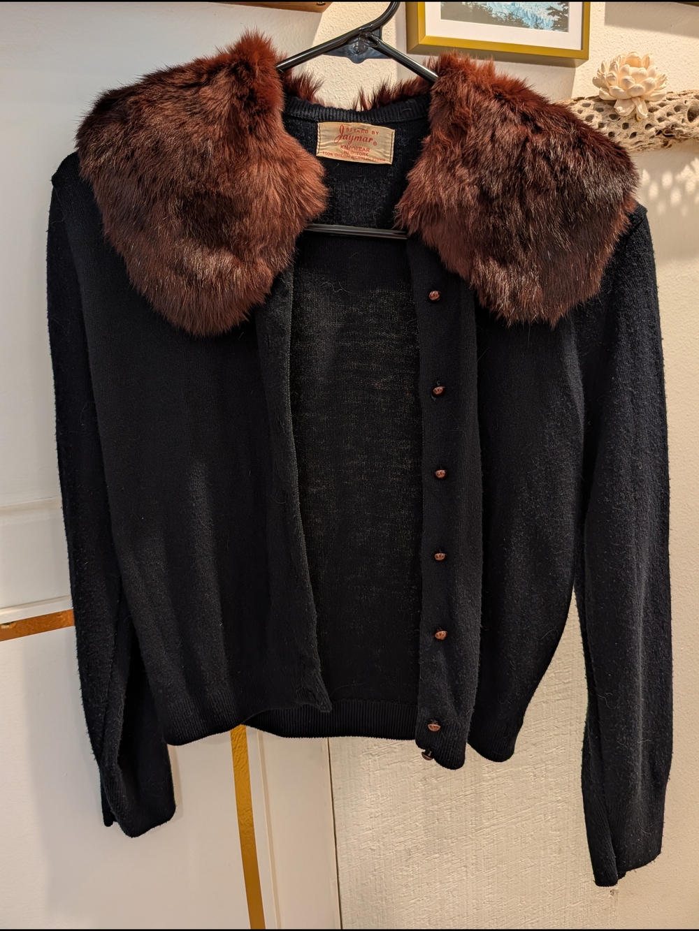 1950s Vintage Black Cardigan with Mink Fur Collar